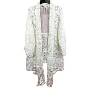 Johnny Was Open Front Drape Floral Embroidered Cardigan White Large